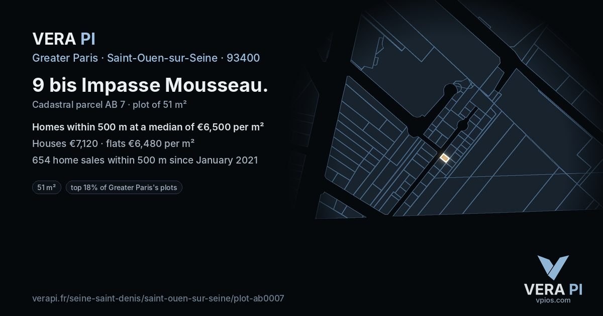 9 bis Impasse Mousseau, Saint-Ouen-sur-Seine at night – the plot lit, the parcels around coloured by the prices near them