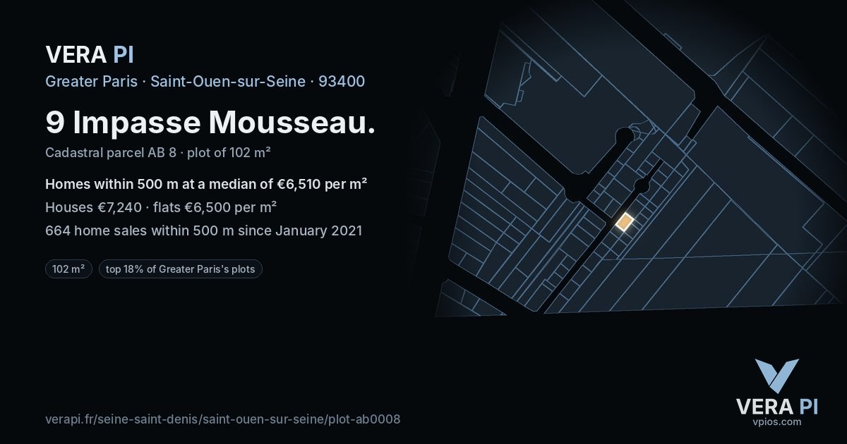 9 Impasse Mousseau, Saint-Ouen-sur-Seine at night – the plot lit, the parcels around coloured by the prices near them