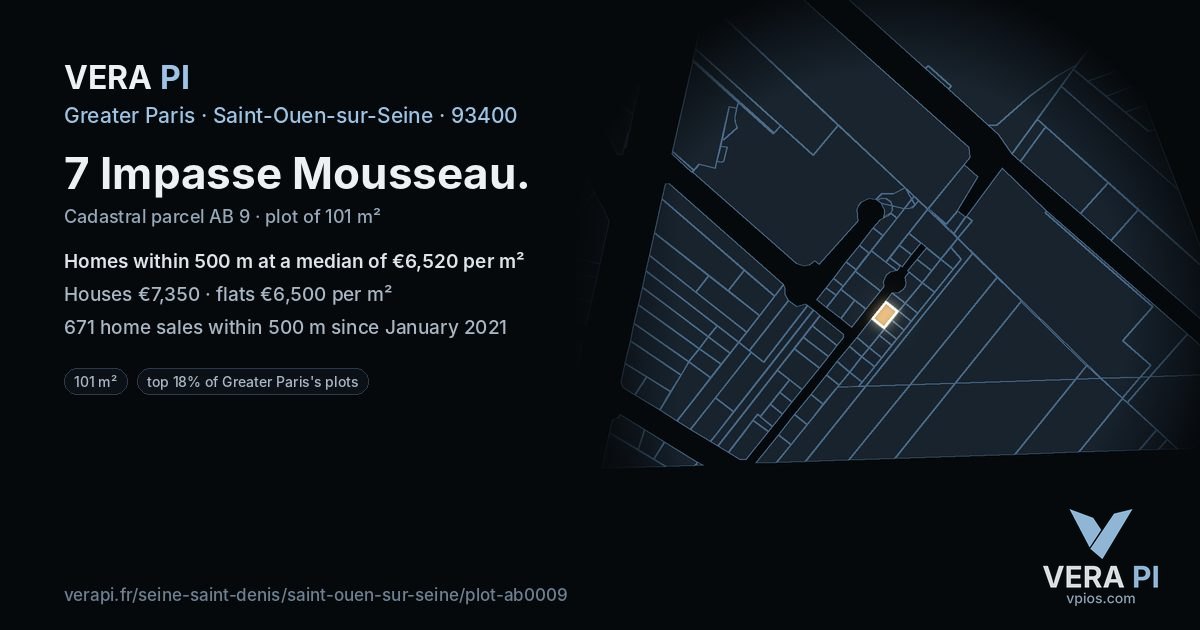 7 Impasse Mousseau, Saint-Ouen-sur-Seine at night – the plot lit, the parcels around coloured by the prices near them