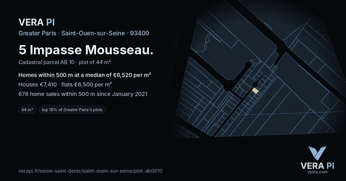 5 Impasse Mousseau, Saint-Ouen-sur-Seine at night – the plot lit, the parcels around coloured by the prices near them