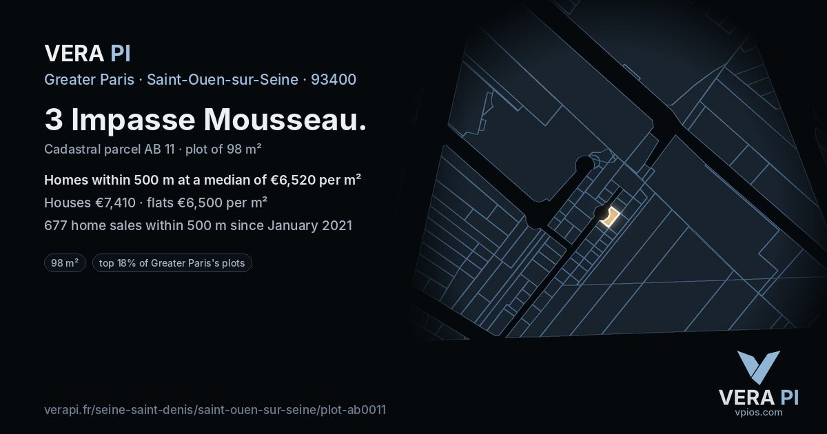 3 Impasse Mousseau, Saint-Ouen-sur-Seine at night – the plot lit, the parcels around coloured by the prices near them