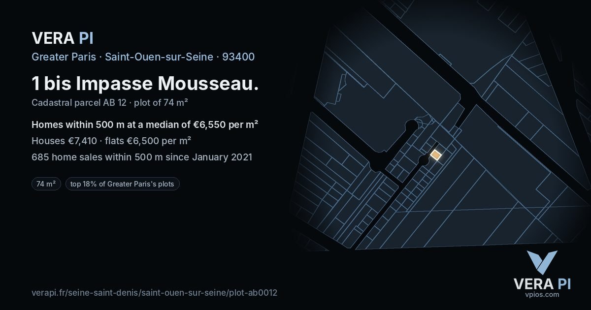 1 bis Impasse Mousseau, Saint-Ouen-sur-Seine at night – the plot lit, the parcels around coloured by the prices near them