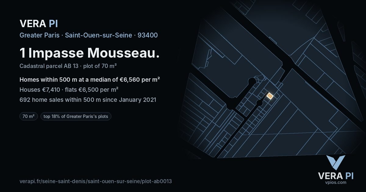 1 Impasse Mousseau, Saint-Ouen-sur-Seine at night – the plot lit, the parcels around coloured by the prices near them