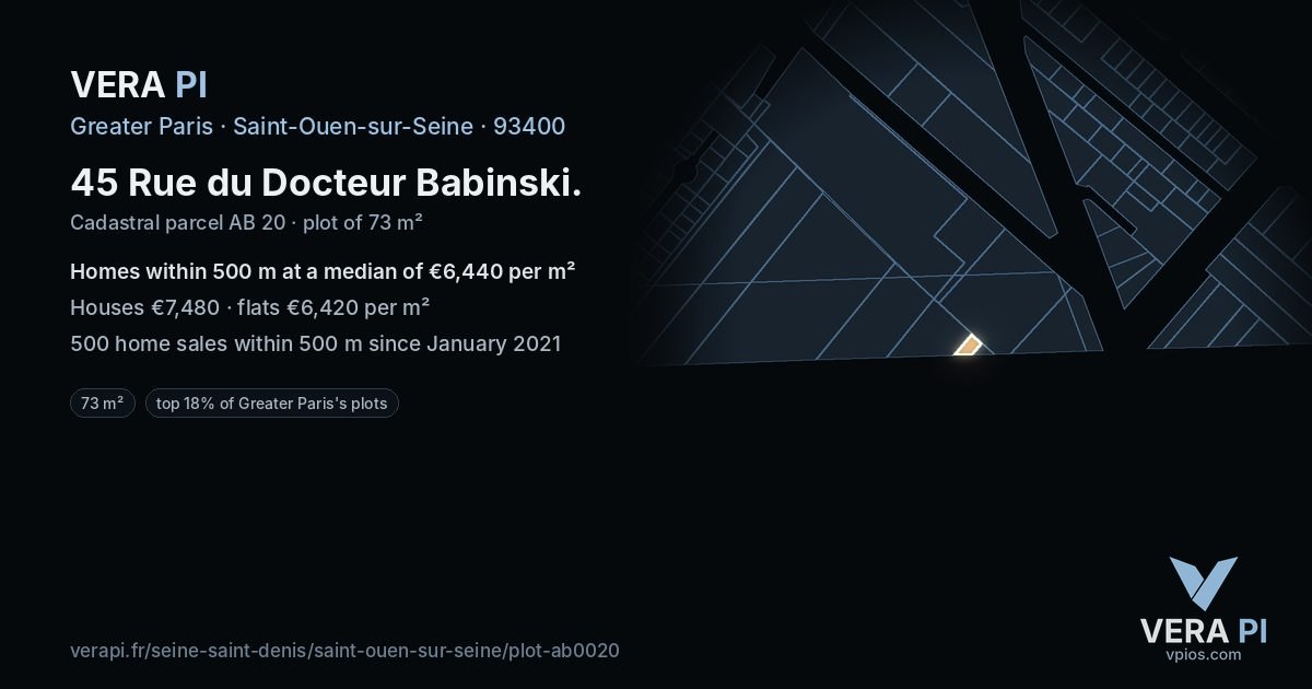 45 Rue du Docteur Babinski, Saint-Ouen-sur-Seine at night – the plot lit, the parcels around coloured by the prices near them
