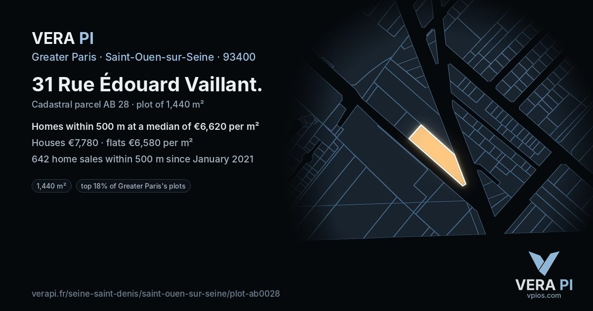 31 Rue Édouard Vaillant, Saint-Ouen-sur-Seine at night – the plot lit, the parcels around coloured by the prices near them