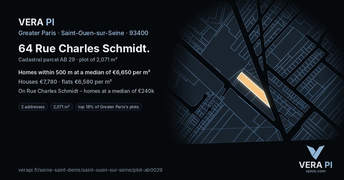 64 Rue Charles Schmidt, Saint-Ouen-sur-Seine at night – the plot lit, the parcels around coloured by the prices near them