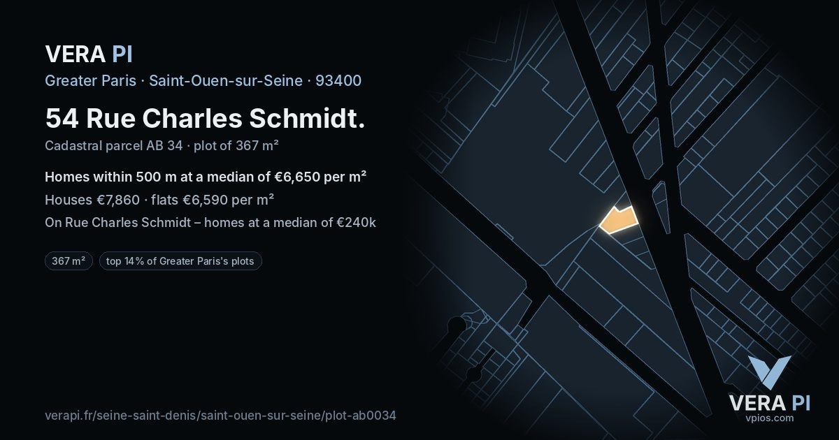 54 Rue Charles Schmidt, Saint-Ouen-sur-Seine at night – the plot lit, the parcels around coloured by the prices near them