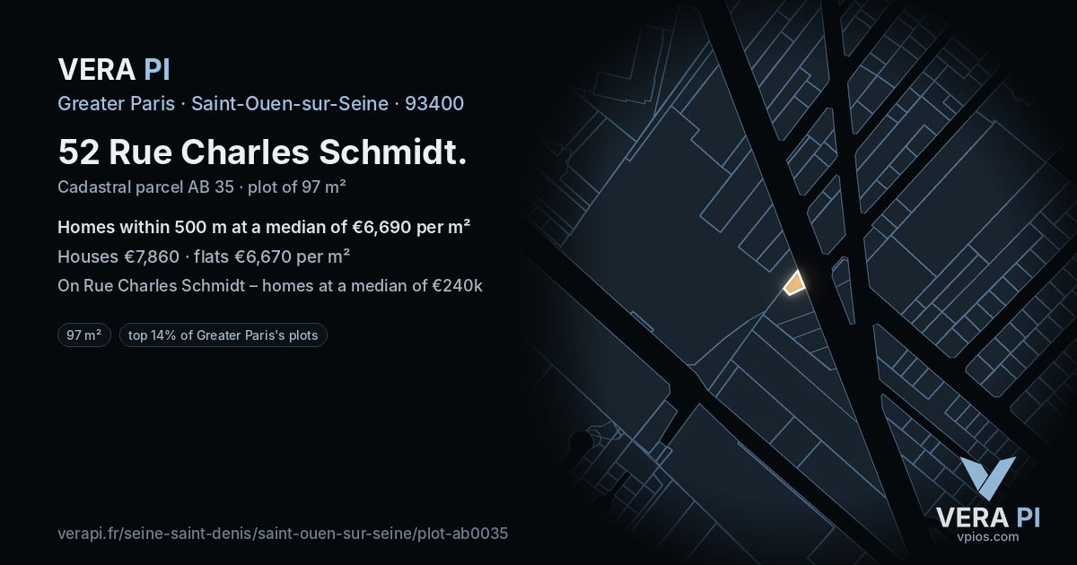 52 Rue Charles Schmidt, Saint-Ouen-sur-Seine at night – the plot lit, the parcels around coloured by the prices near them