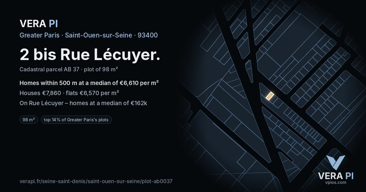 2 bis Rue Lécuyer, Saint-Ouen-sur-Seine at night – the plot lit, the parcels around coloured by the prices near them