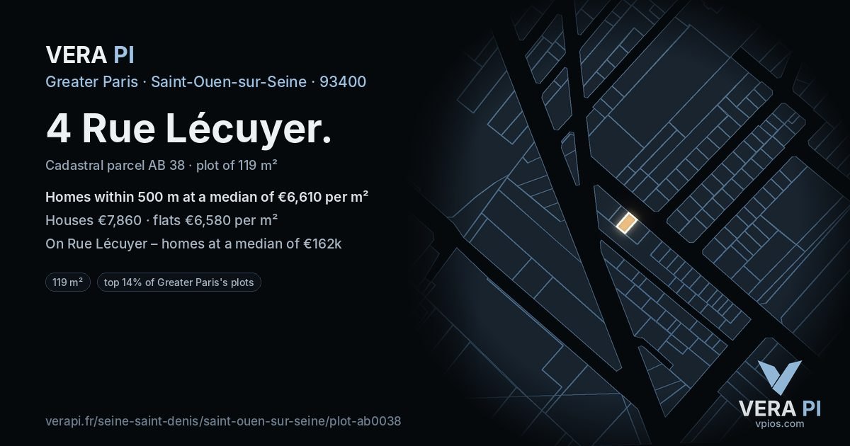 4 Rue Lécuyer, Saint-Ouen-sur-Seine at night – the plot lit, the parcels around coloured by the prices near them