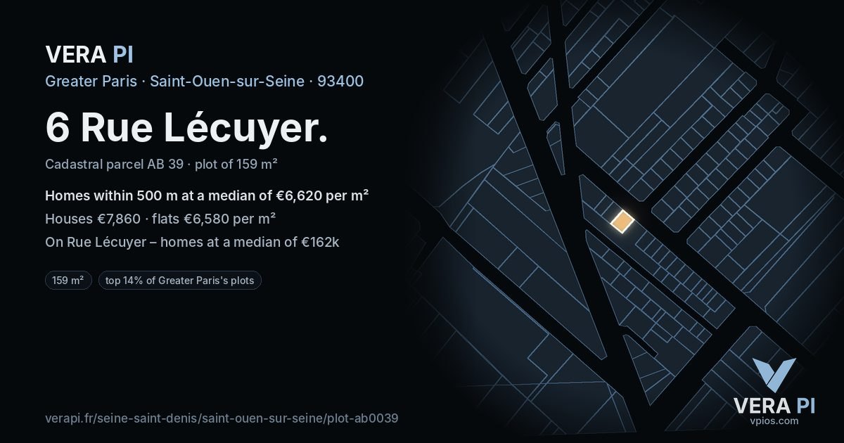 6 Rue Lécuyer, Saint-Ouen-sur-Seine at night – the plot lit, the parcels around coloured by the prices near them