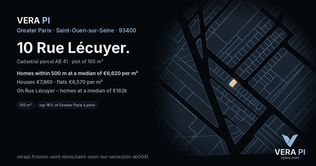 10 Rue Lécuyer, Saint-Ouen-sur-Seine at night – the plot lit, the parcels around coloured by the prices near them