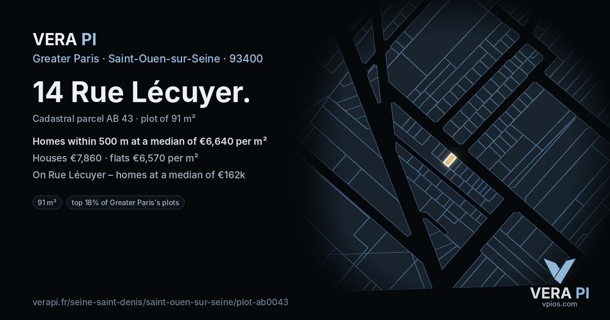 14 Rue Lécuyer, Saint-Ouen-sur-Seine at night – the plot lit, the parcels around coloured by the prices near them