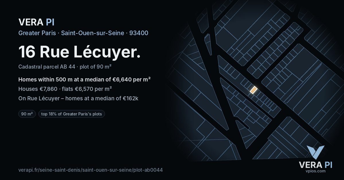 16 Rue Lécuyer, Saint-Ouen-sur-Seine at night – the plot lit, the parcels around coloured by the prices near them