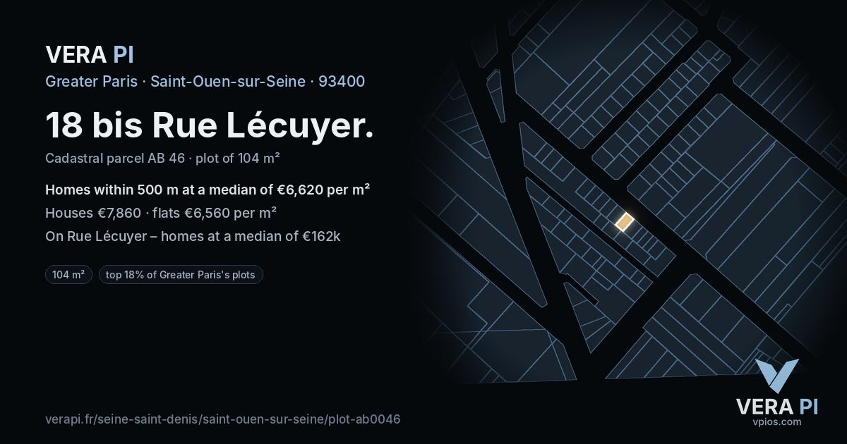 18 bis Rue Lécuyer, Saint-Ouen-sur-Seine at night – the plot lit, the parcels around coloured by the prices near them