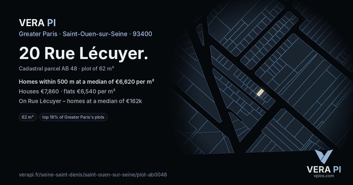 20 Rue Lécuyer, Saint-Ouen-sur-Seine at night – the plot lit, the parcels around coloured by the prices near them