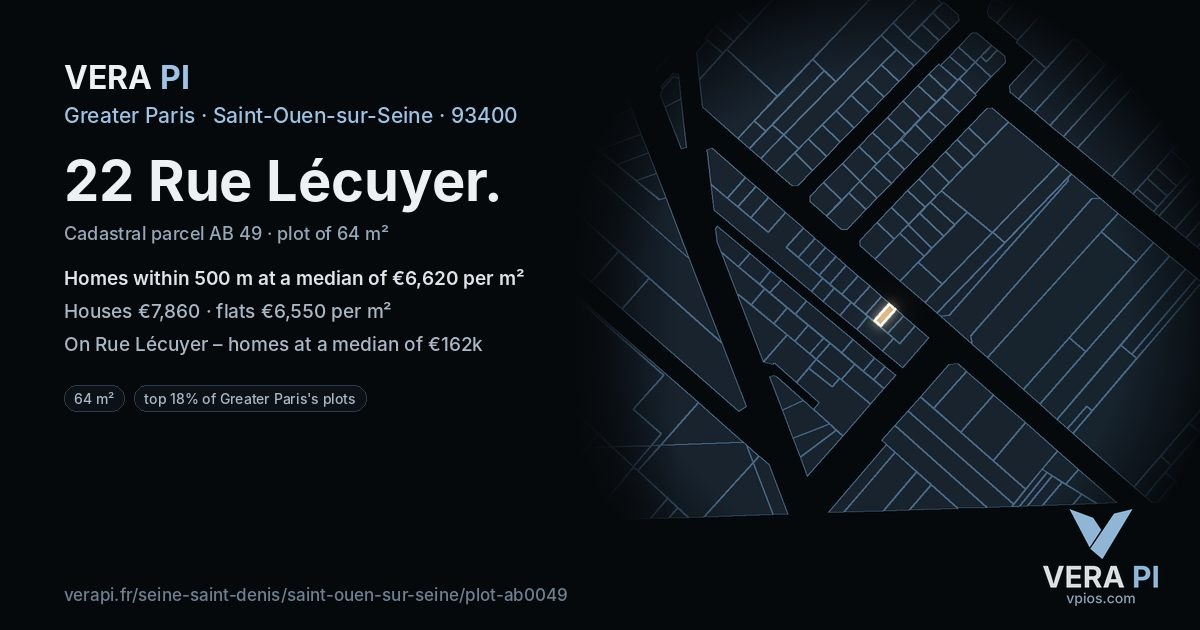 22 Rue Lécuyer, Saint-Ouen-sur-Seine at night – the plot lit, the parcels around coloured by the prices near them