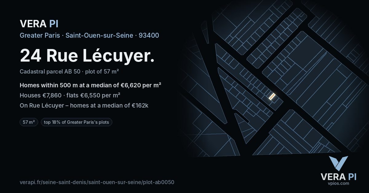 24 Rue Lécuyer, Saint-Ouen-sur-Seine at night – the plot lit, the parcels around coloured by the prices near them
