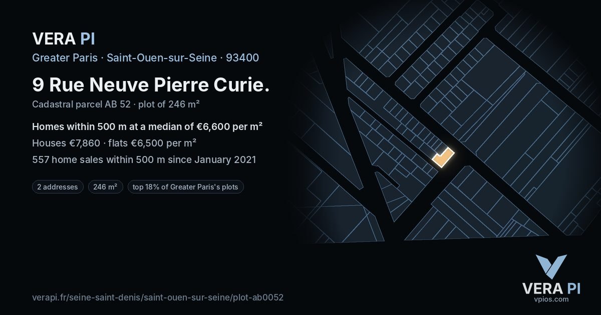 9 Rue Neuve Pierre Curie, Saint-Ouen-sur-Seine at night – the plot lit, the parcels around coloured by the prices near them