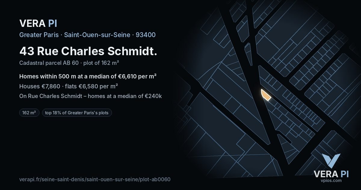 43 Rue Charles Schmidt, Saint-Ouen-sur-Seine at night – the plot lit, the parcels around coloured by the prices near them