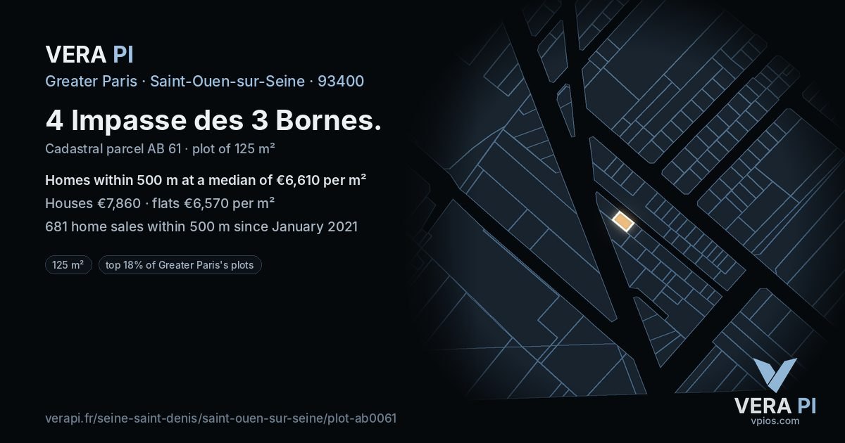4 Impasse des 3 Bornes, Saint-Ouen-sur-Seine at night – the plot lit, the parcels around coloured by the prices near them