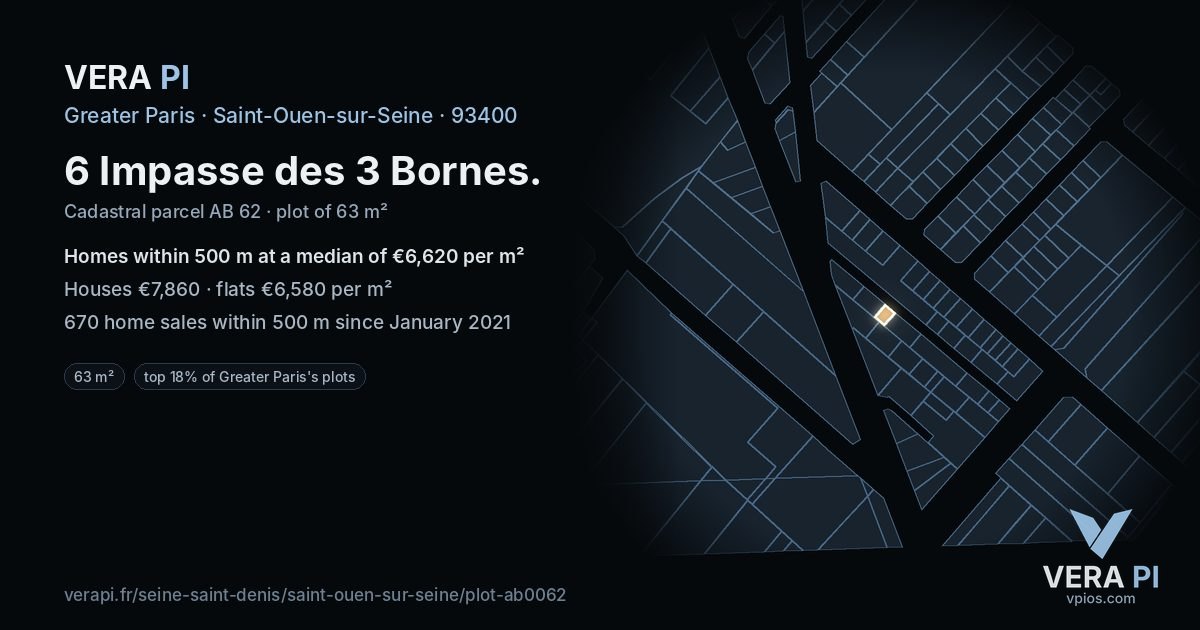 6 Impasse des 3 Bornes, Saint-Ouen-sur-Seine at night – the plot lit, the parcels around coloured by the prices near them
