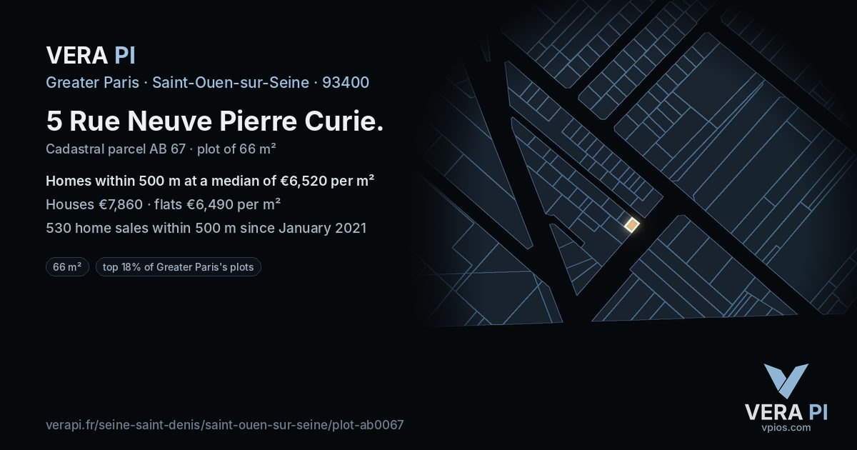 5 Rue Neuve Pierre Curie, Saint-Ouen-sur-Seine at night – the plot lit, the parcels around coloured by the prices near them