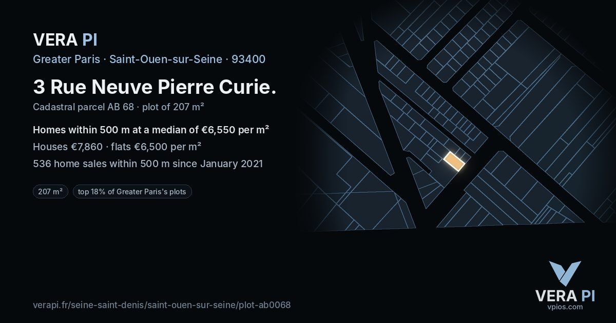 3 Rue Neuve Pierre Curie, Saint-Ouen-sur-Seine at night – the plot lit, the parcels around coloured by the prices near them