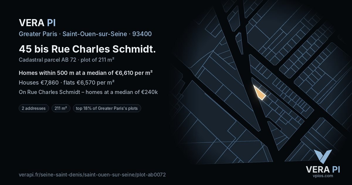 45 bis Rue Charles Schmidt, Saint-Ouen-sur-Seine at night – the plot lit, the parcels around coloured by the prices near them