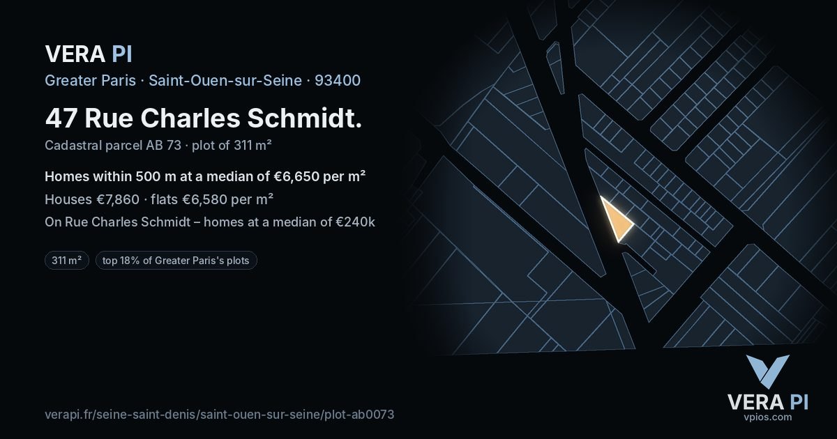 47 Rue Charles Schmidt, Saint-Ouen-sur-Seine at night – the plot lit, the parcels around coloured by the prices near them