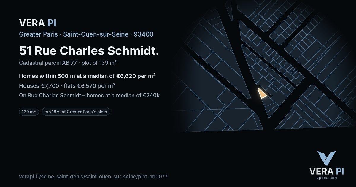 51 Rue Charles Schmidt, Saint-Ouen-sur-Seine at night – the plot lit, the parcels around coloured by the prices near them