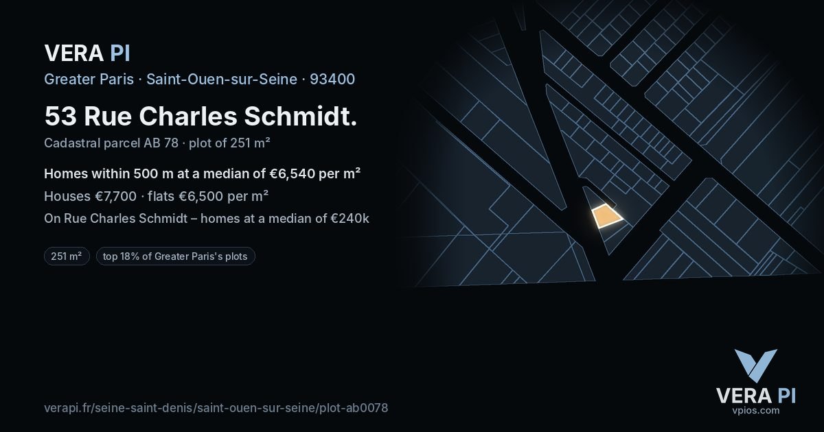 53 Rue Charles Schmidt, Saint-Ouen-sur-Seine at night – the plot lit, the parcels around coloured by the prices near them