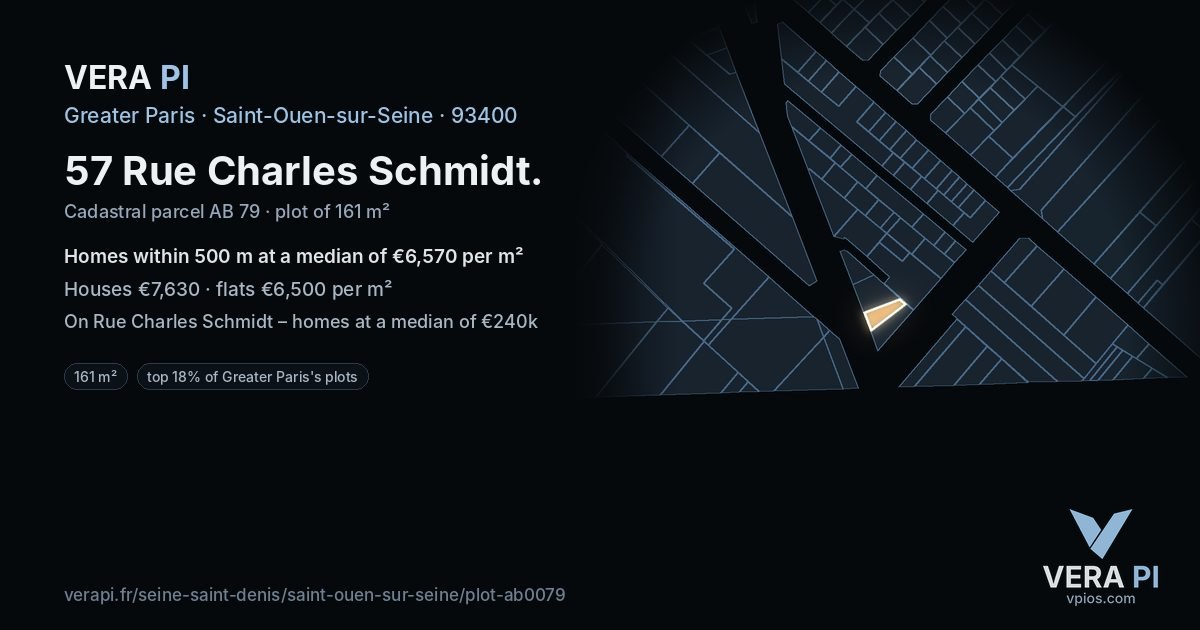 57 Rue Charles Schmidt, Saint-Ouen-sur-Seine at night – the plot lit, the parcels around coloured by the prices near them