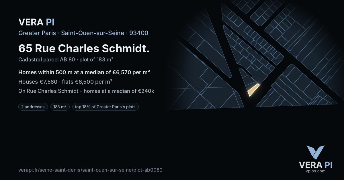 65 Rue Charles Schmidt, Saint-Ouen-sur-Seine at night – the plot lit, the parcels around coloured by the prices near them