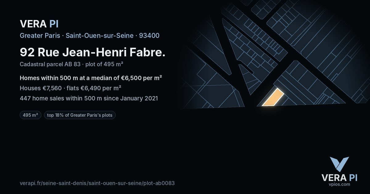 92 Rue Jean-Henri Fabre, Saint-Ouen-sur-Seine at night – the plot lit, the parcels around coloured by the prices near them