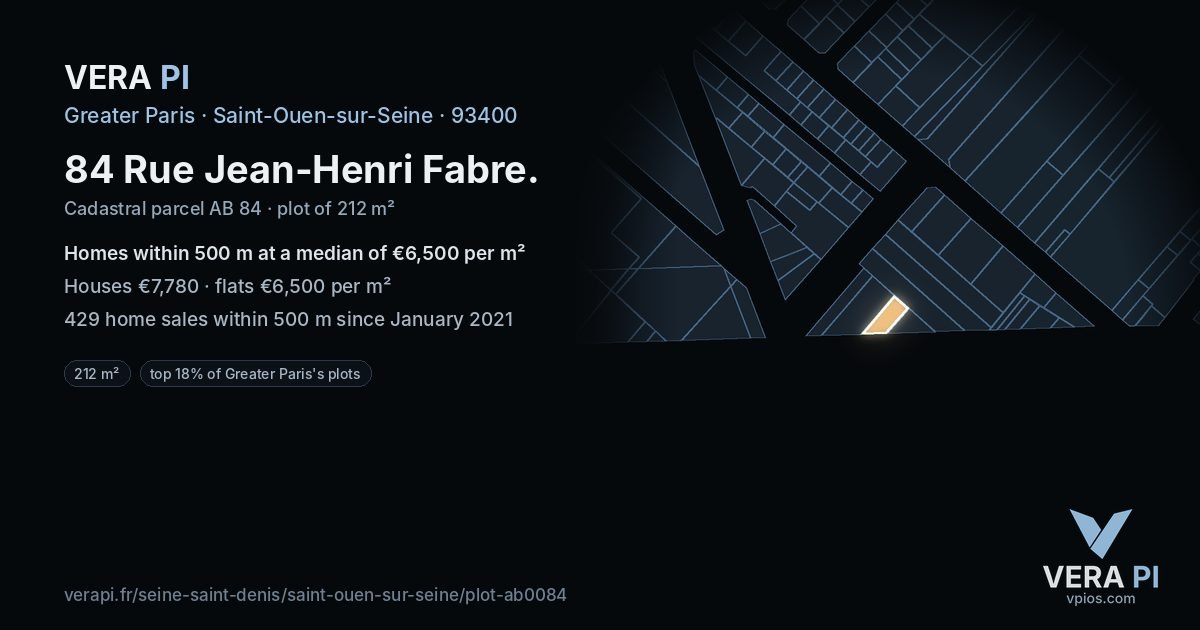 84 Rue Jean-Henri Fabre, Saint-Ouen-sur-Seine at night – the plot lit, the parcels around coloured by the prices near them