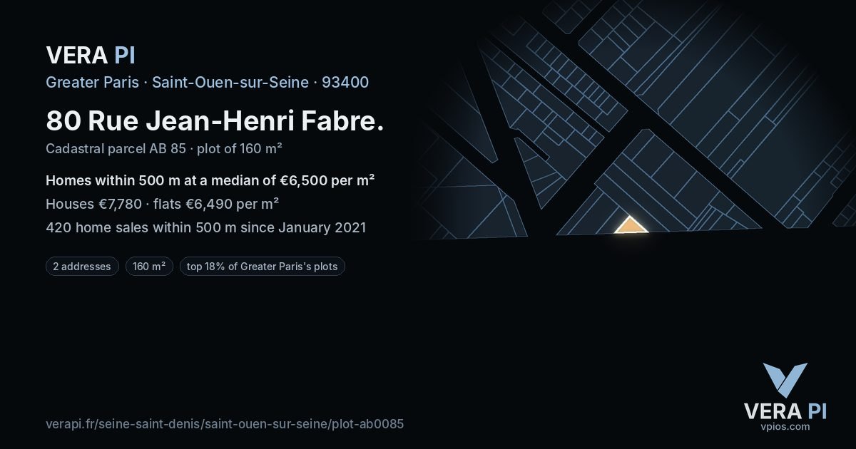 80 Rue Jean-Henri Fabre, Saint-Ouen-sur-Seine at night – the plot lit, the parcels around coloured by the prices near them