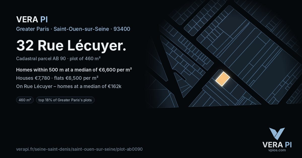 32 Rue Lécuyer, Saint-Ouen-sur-Seine at night – the plot lit, the parcels around coloured by the prices near them