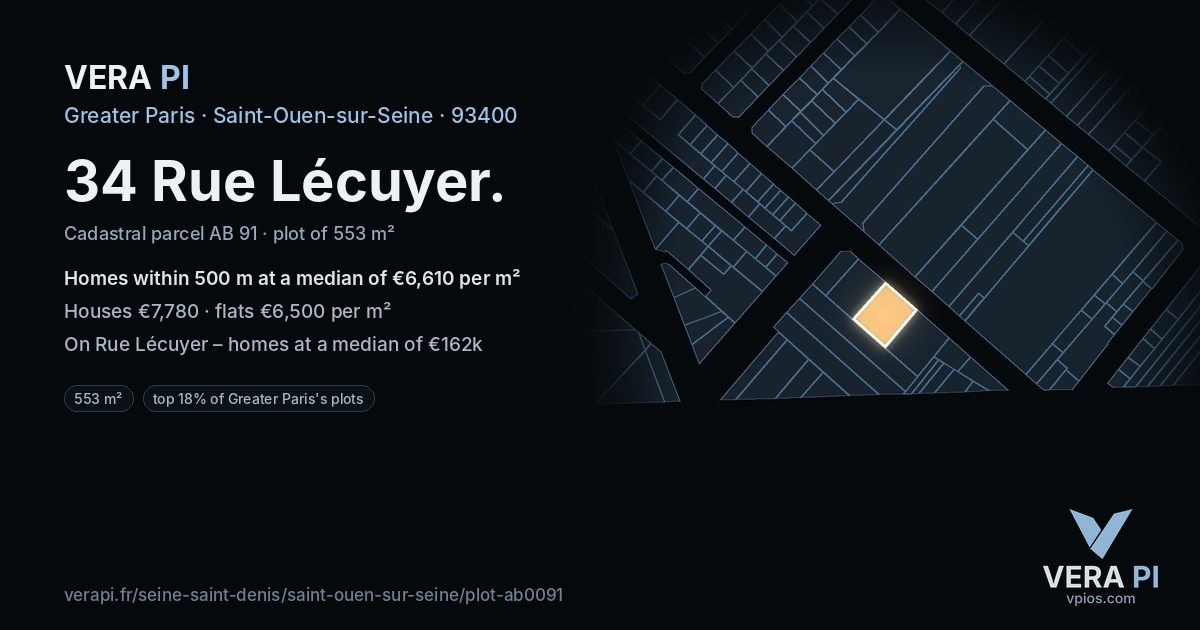 34 Rue Lécuyer, Saint-Ouen-sur-Seine at night – the plot lit, the parcels around coloured by the prices near them