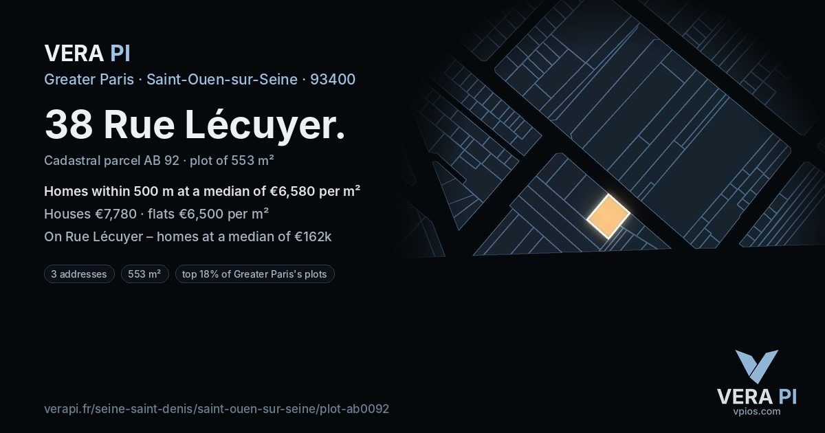 38 Rue Lécuyer, Saint-Ouen-sur-Seine at night – the plot lit, the parcels around coloured by the prices near them