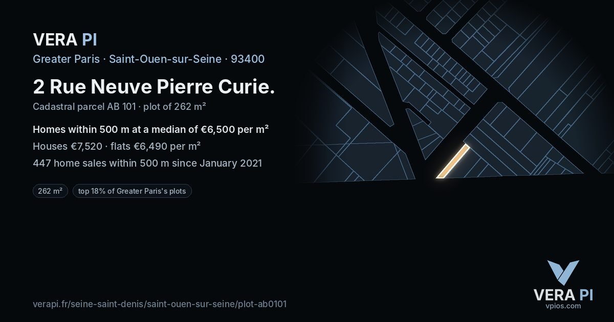 2 Rue Neuve Pierre Curie, Saint-Ouen-sur-Seine at night – the plot lit, the parcels around coloured by the prices near them