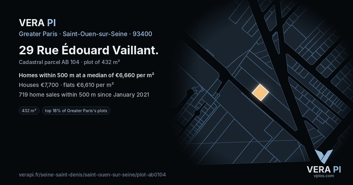 29 Rue Édouard Vaillant, Saint-Ouen-sur-Seine at night – the plot lit, the parcels around coloured by the prices near them