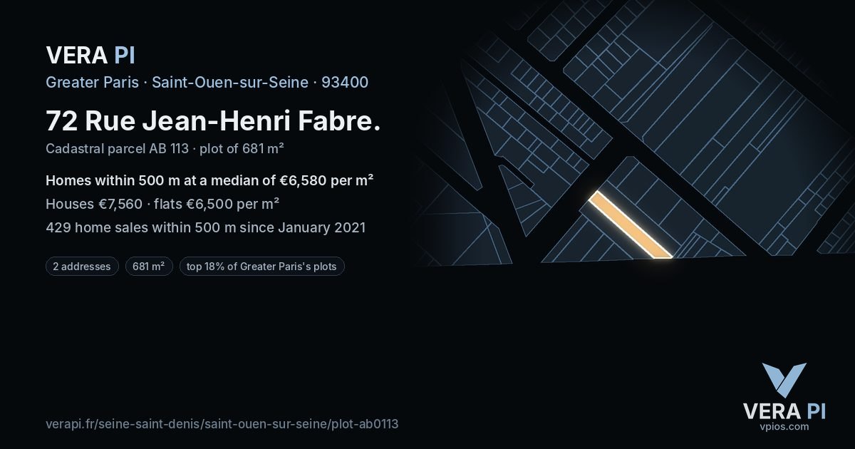 72 Rue Jean-Henri Fabre, Saint-Ouen-sur-Seine at night – the plot lit, the parcels around coloured by the prices near them