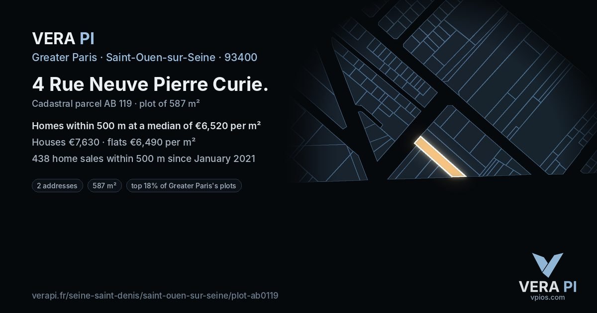 4 Rue Neuve Pierre Curie, Saint-Ouen-sur-Seine at night – the plot lit, the parcels around coloured by the prices near them