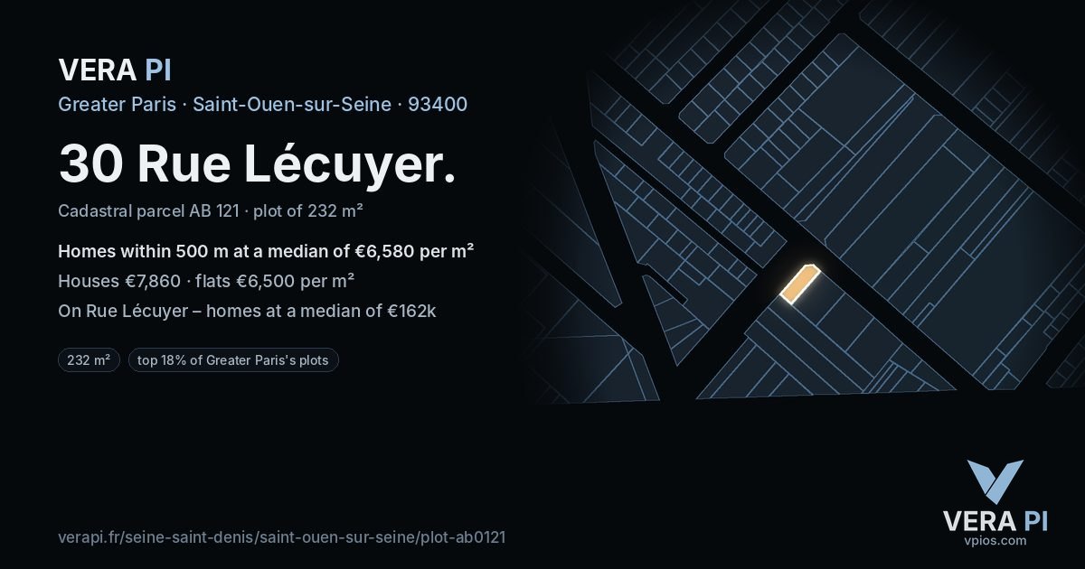 30 Rue Lécuyer, Saint-Ouen-sur-Seine at night – the plot lit, the parcels around coloured by the prices near them