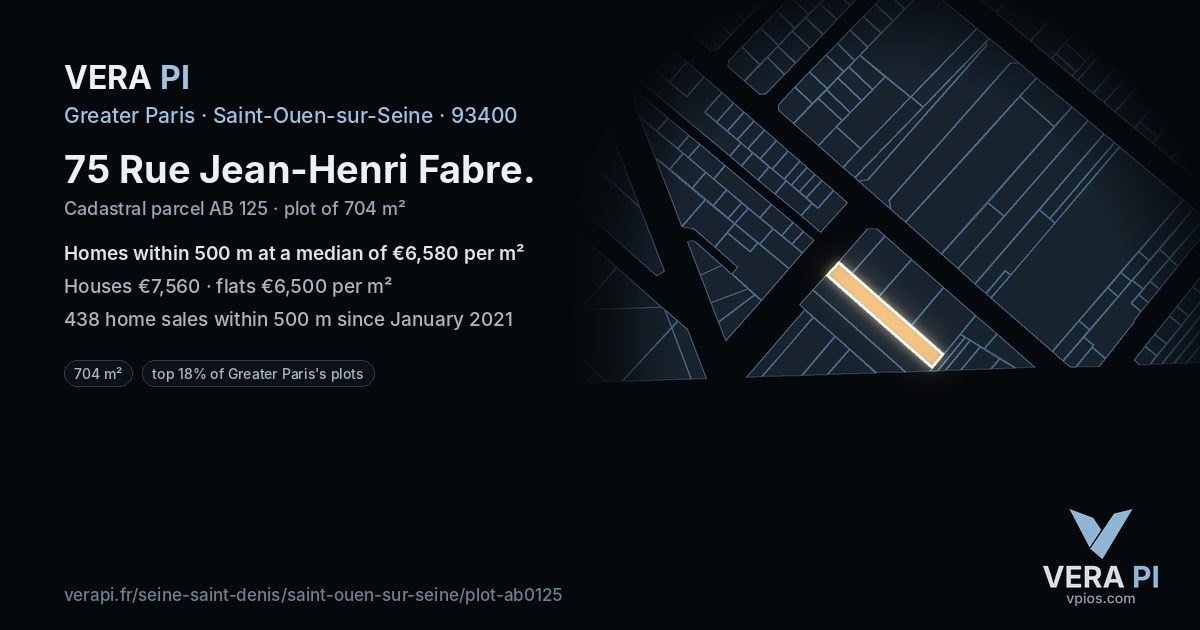 75 Rue Jean-Henri Fabre, Saint-Ouen-sur-Seine at night – the plot lit, the parcels around coloured by the prices near them