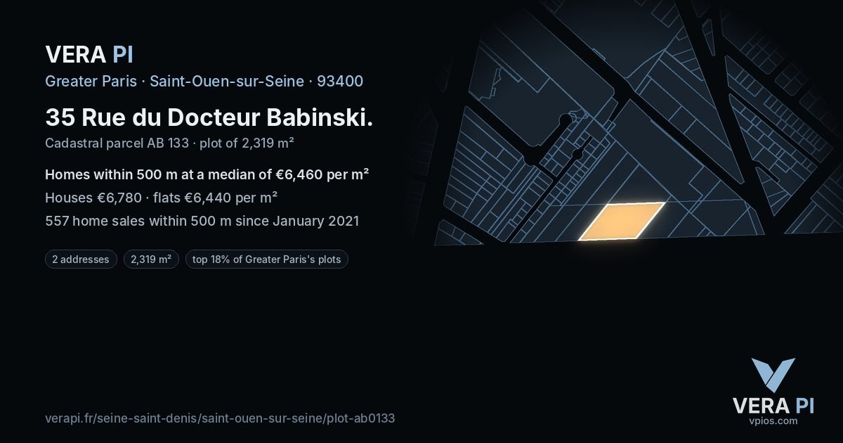 35 Rue du Docteur Babinski, Saint-Ouen-sur-Seine at night – the plot lit, the parcels around coloured by the prices near them