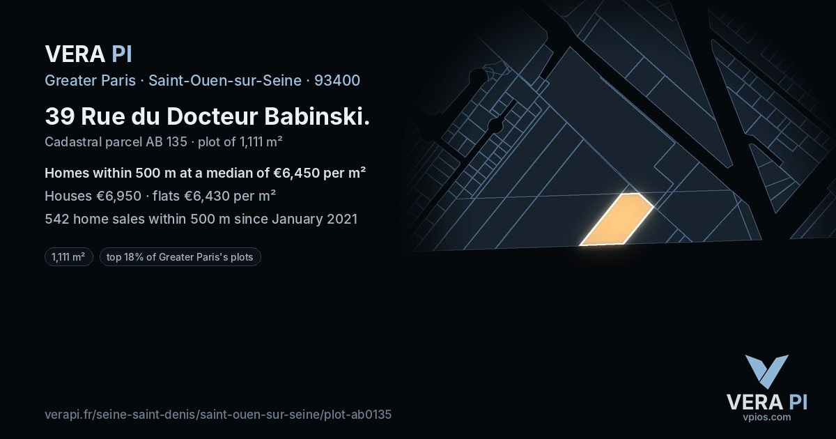39 Rue du Docteur Babinski, Saint-Ouen-sur-Seine at night – the plot lit, the parcels around coloured by the prices near them