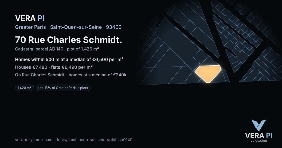 70 Rue Charles Schmidt, Saint-Ouen-sur-Seine at night – the plot lit, the parcels around coloured by the prices near them