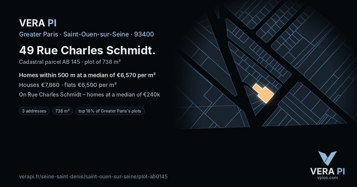49 Rue Charles Schmidt, Saint-Ouen-sur-Seine at night – the plot lit, the parcels around coloured by the prices near them